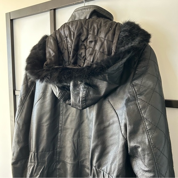 [XS] Vintage Danier Leather Moto Style Trench Coat Black Rabbit Fur Hood Winter - Picture 5 of 15